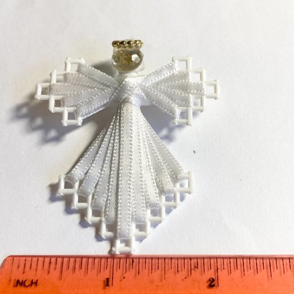 Vintage Christmas Angel Pin Brooch White Ribbon Handmade Halo Wings - Picture 8 of 9
